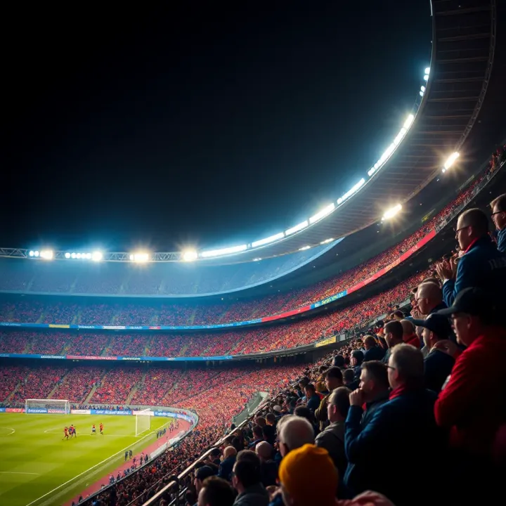 La Liga Football Stadium and Exciting Matchday Atmosphere Dynamic football stadium with fans watching a live La Liga match under bright lights